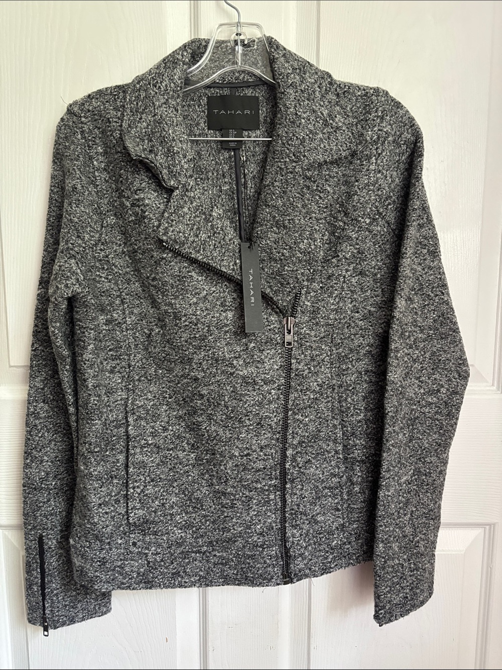 New NWT Tahari Gray Knit Zip Up Moto Blazer Jacket Wool Viscose Blend Size Small